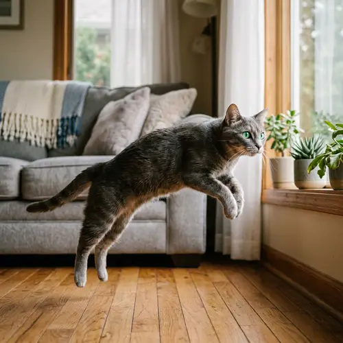 Agile Grey Housecat: Captivating Mid-Leap Moment