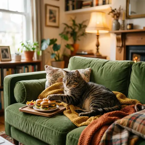 Chubby Tabby Cat Feasting on Burgers