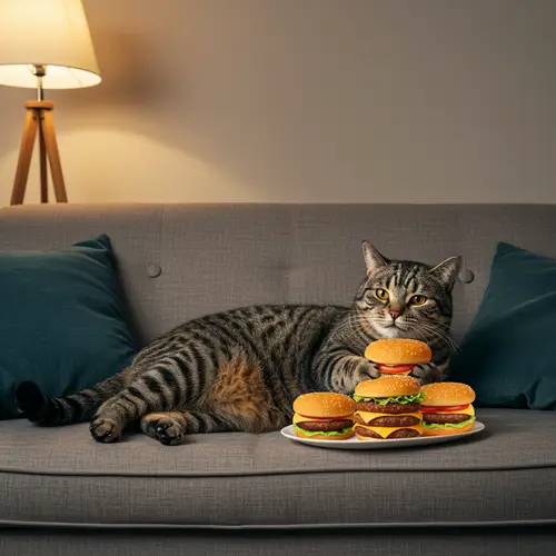 Chubby Tabby Cat Feasting on Burgers