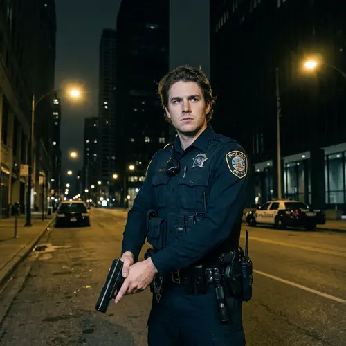 Determined Male Police Officer on Dark City Street