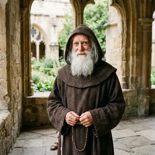 Monk in Robe with White Beard and Blue Eyes