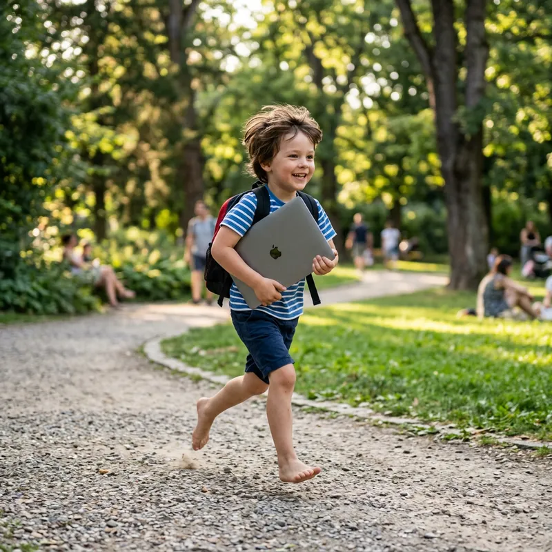 Small Boy Running with Laptop - A Joyful Journey