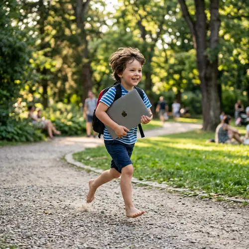 Small Boy Running with Laptop - A Joyful Journey