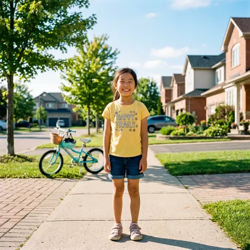 Cheerful 8-Year-Old Asian Girl in Casual Clothing Under Sunlight
