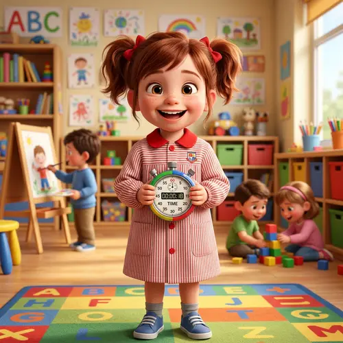 Young Girl Character with Stopwatch in School Smock | Kinder Classroom Theme