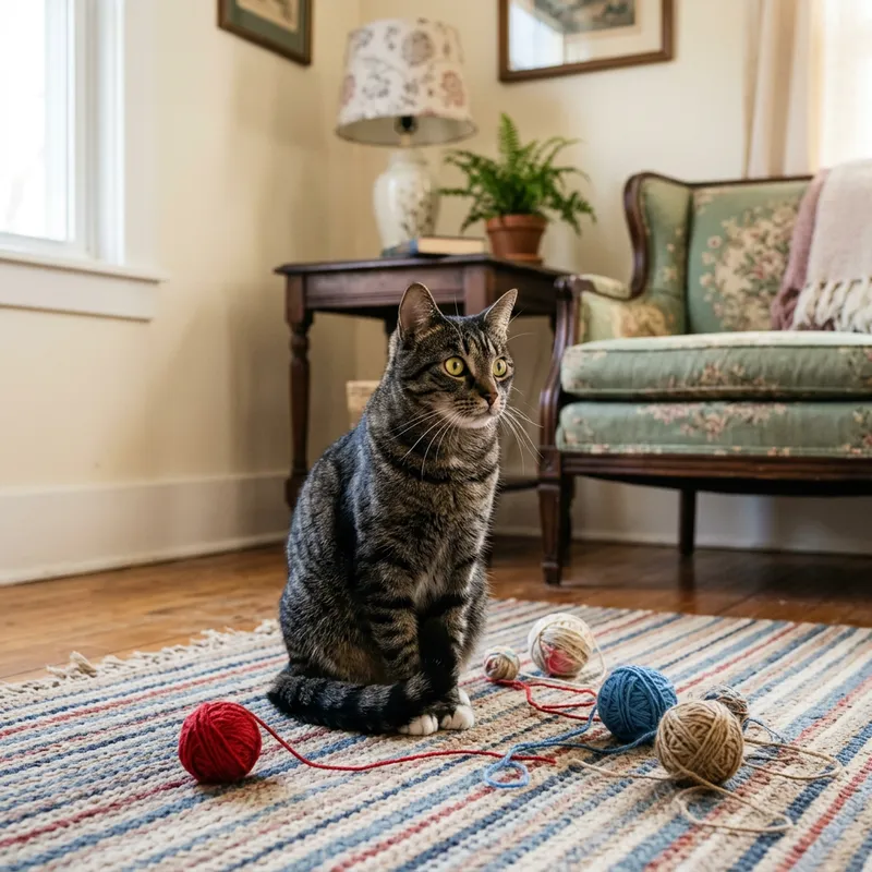Adorable Cat Playing with Toys on Striped Carpet