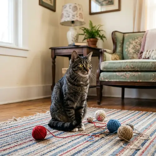 Playful Domestic Cat on Striped Carpet with String Toys