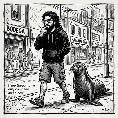 Comic-Style Black and White Close-Up Scene with Hispanic Male and Seal Companion