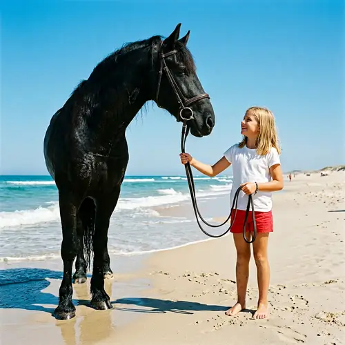 Blonde Girl on Sunny Beach with Black Horse