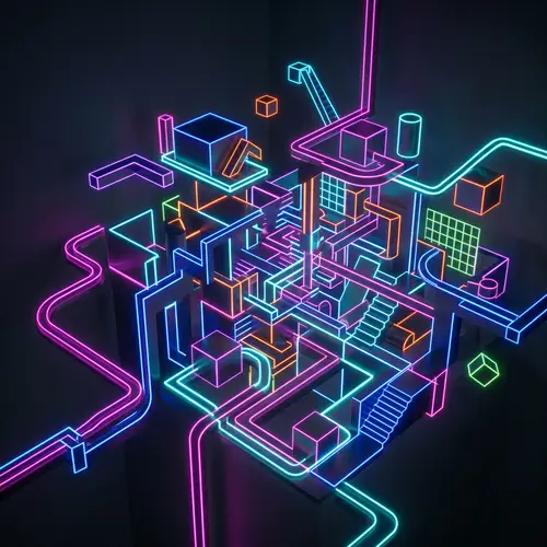 Surreal Neon Trap Scene: Minimalist Labyrinthine Design