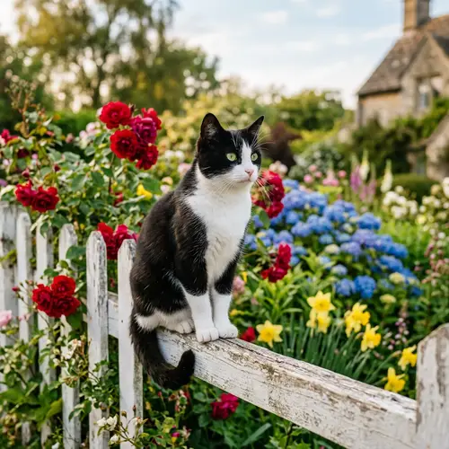 Garden Scene with Black and White Cat on White Fence