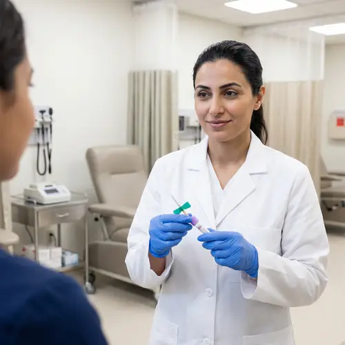 Experienced Middle-Eastern Female Phlebotomist in Healthcare Setting