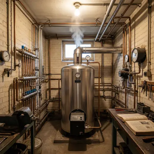 Meticulously Detailed Boiler Room with Complex Network of Pipes