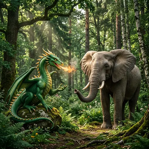 Emerald Green Dragon and Colossal Elephant Encounter in Enchanted Forest