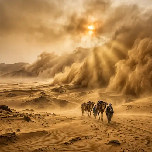 Golden Sandstorm in Vast Desert - Spectacular Natural Phenomenon