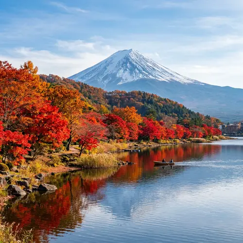 Dormant Fujiyama Volcano and Red Trees - Scenic Landscape