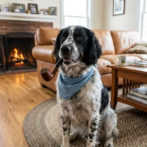 Humorous Dog Enjoying Comfortable Smoke in Cozy Living Room