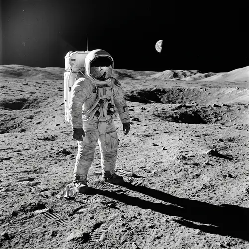 Vintage Apollo Mission Astronaut on Moon | Black and White Space Exploration Image