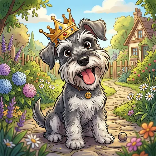 Playful Schnauzer Cartoon with Tilted Crown