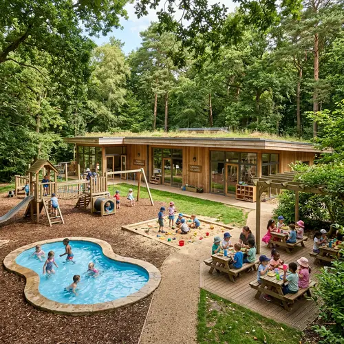 Creative One-Story Outdoor School for Kids