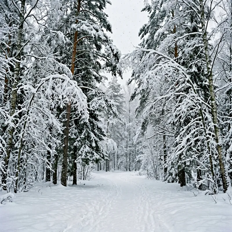 Snow Frost Covered Trees in Serene Winter Landscape