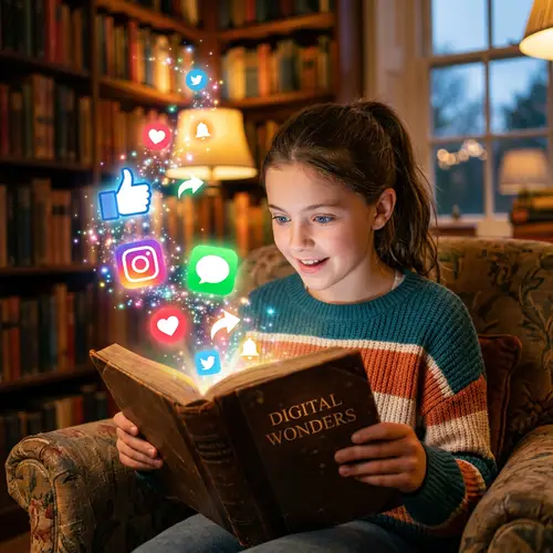 Enchanting Scene of Teen Girl with Social Media Book
