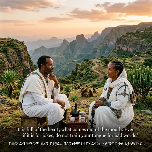 Ethiopian Proverb Scene: Heartfelt Conversation Amidst Scenic Beauty