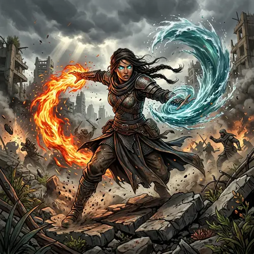 Middle-Eastern Female Warrior Manipulating Fire and Water in Post-Apocalyptic Battle