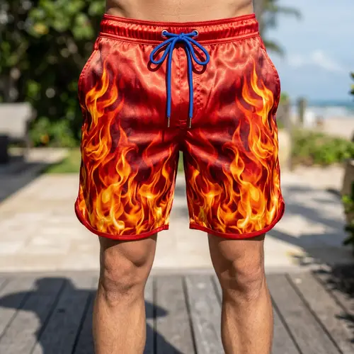 Vibrant Fire-Themed Mid-Length Shorts | Red, Orange, Yellow Flames