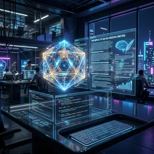 Futuristic AI-Powered Article Creation in Enigmatic Workspace