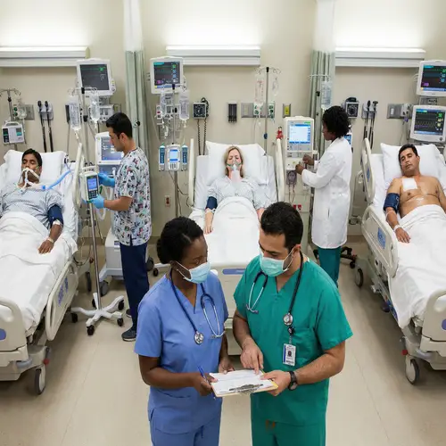 Intensive Care Unit Scene with Diverse Medical Professionals