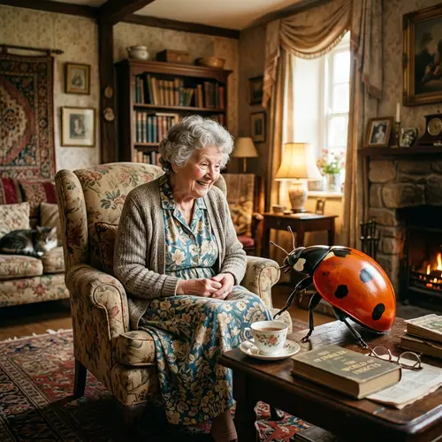 Elderly Lady Chatting with Gentle Giant Insect