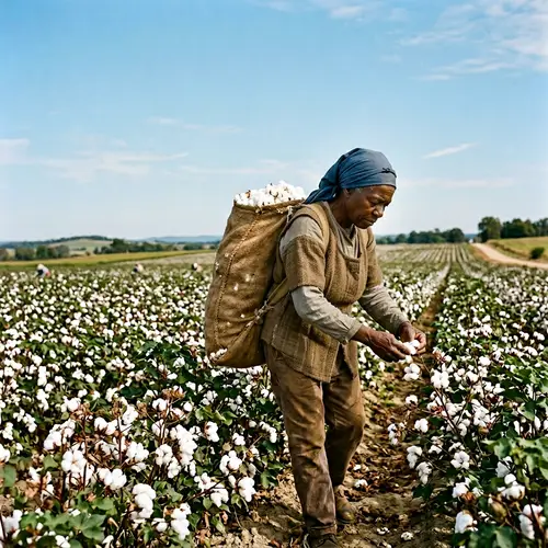 Black Farmer Picking Cotton: Sunlit Fields Scene