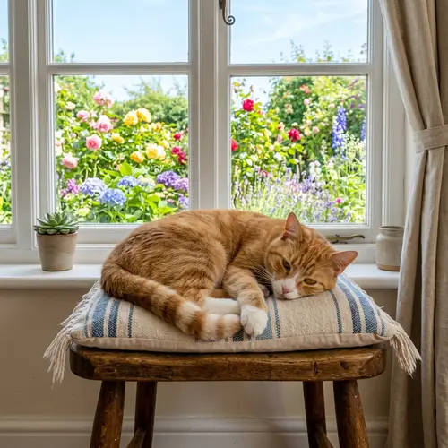 Charming Cat Lounging Near a Garden View