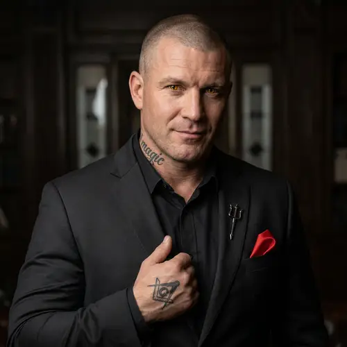 Masonic Symbol Tattooed Man in Black Suit - Power and Mystery Embodied