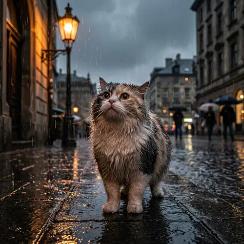Plump Cat in Rain: Heartwarming Image Captured