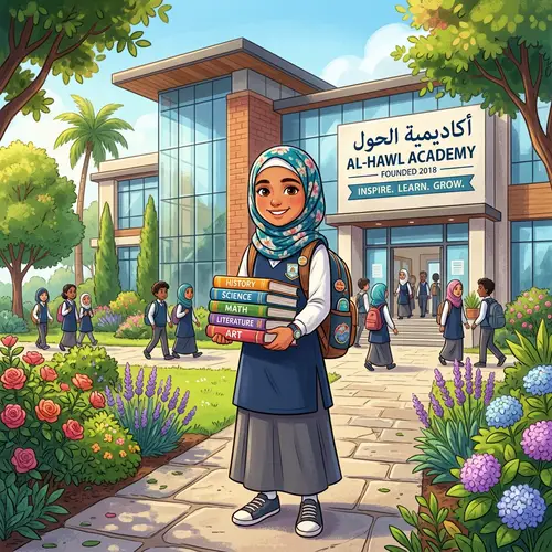 Young Middle Eastern Girl with Colorful Textbooks at Modern School
