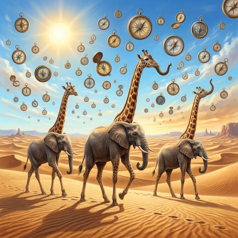 Surreal Desert Elephants with Giraffe Legs and Floating Compasses