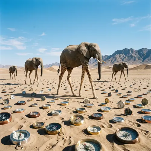 Surreal Elephant-Giraffe Hybrid in Desert Landscape with Shiny Compasses