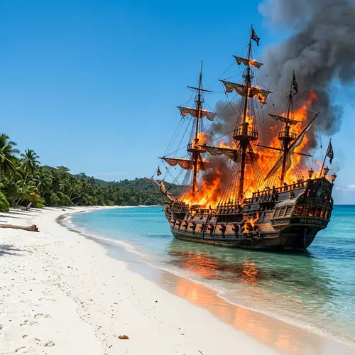 Pirate Ship Ablaze on Pristine White Beach