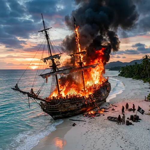 Photorealistic Pirate Ship Ablaze on White Sand Beach
