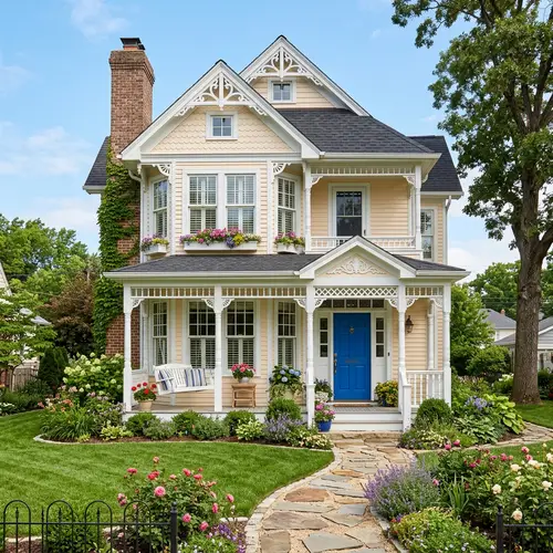 Beautiful Two-Story Pastel Colored House with Manicured Lawn