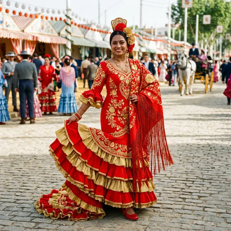 Traditional Sevillana Dress in Red and Gold