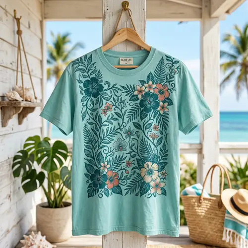 Trendy Teal T-Shirt Design with Vine and Floral Pattern