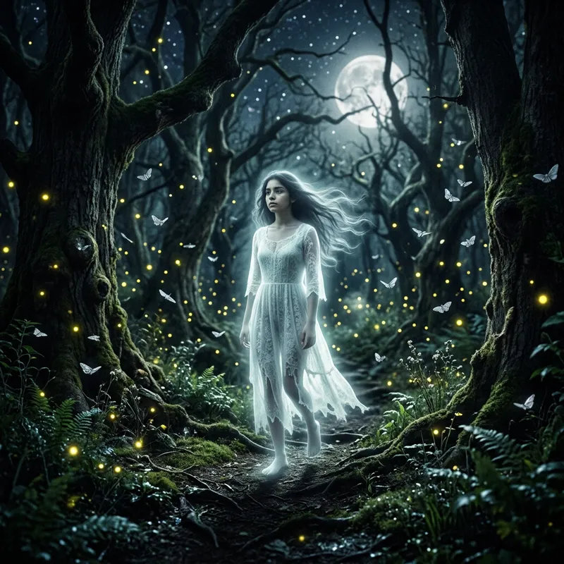 Eerie Girl Roaming Dark Forest