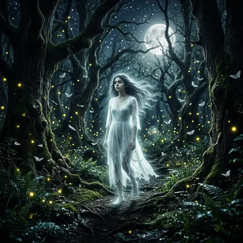 Ghostly Hispanic Teen in Moonlit Forest with Moths
