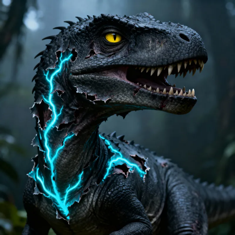 Realistic Young Velociraptor with Glowing Veins