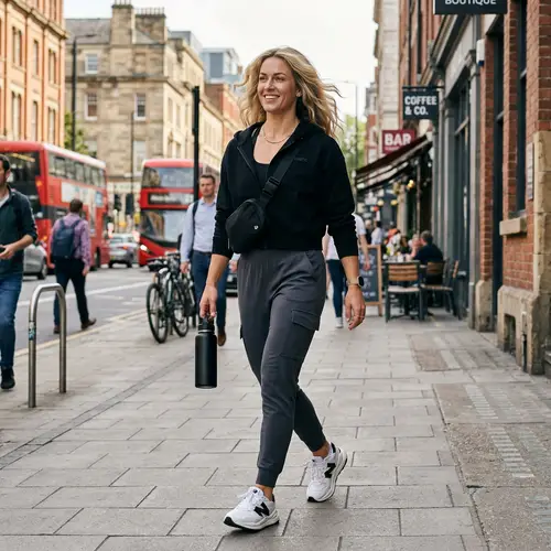 Blonde Woman in Sporty Street Style Walking in Urban Setting