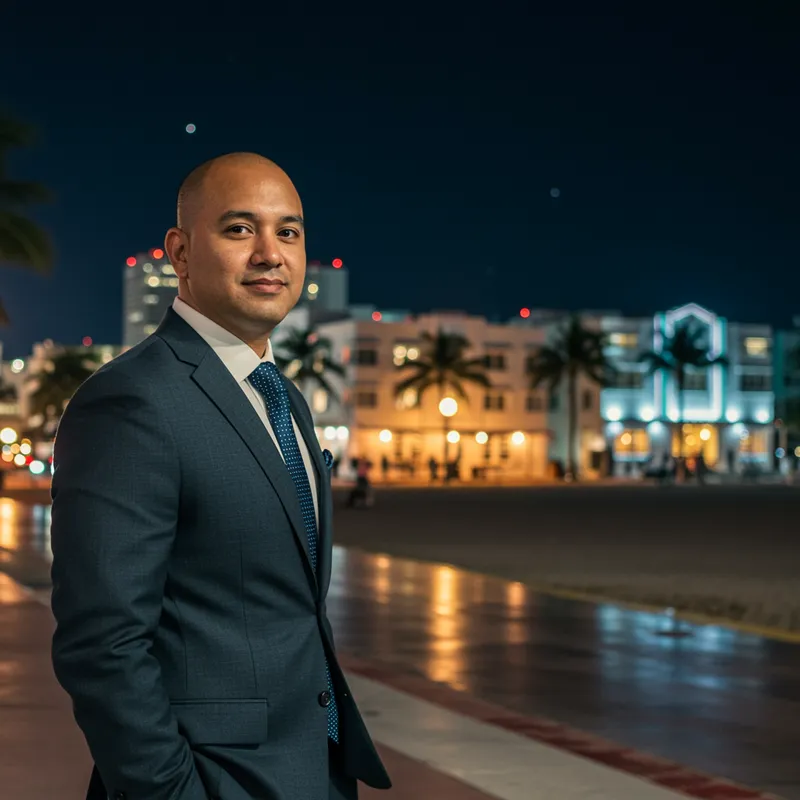 Latino Man in Business Suit at Miami Beach by Night