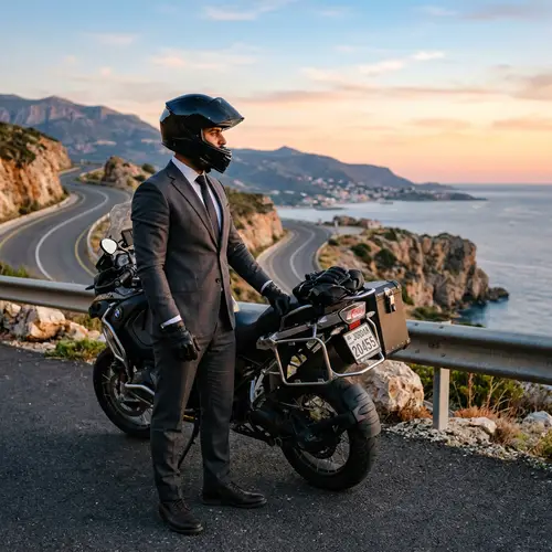 Middle-Eastern Biker in Suit and Helmet Gazing Right